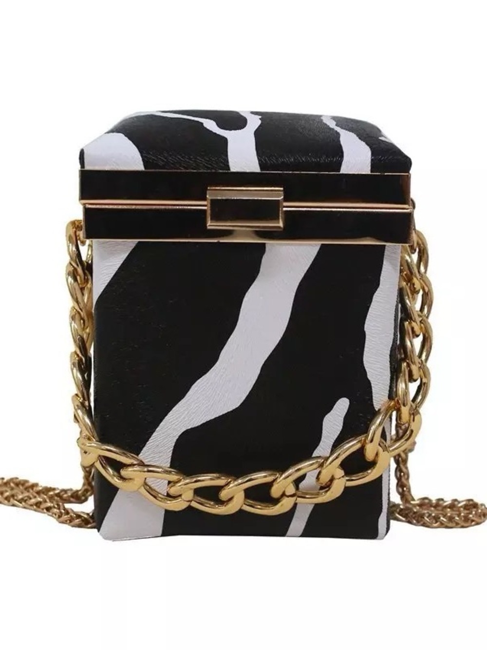 & Other Stories Black and White Zebra Box Crossbody with Gold Chain